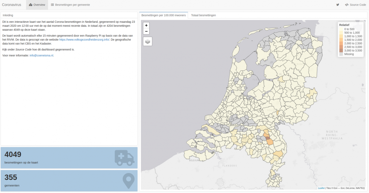 Screenshot van de Coronakaart