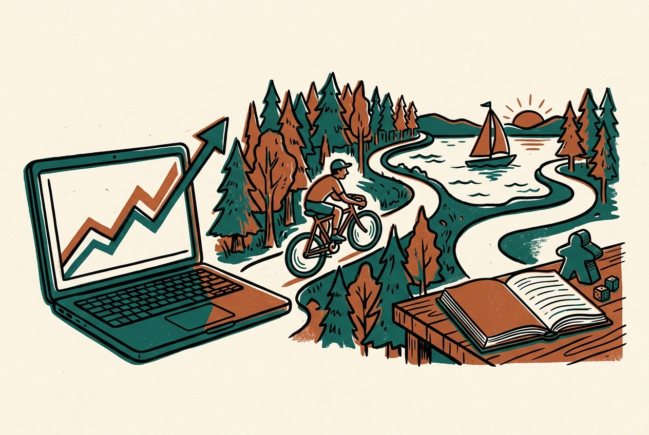 Illustratie van Coen Eisma die fietst door een landschap dat overloopt van een grafiek op een laptop naar een meer met zeilboot, een boek en een bordspelpion